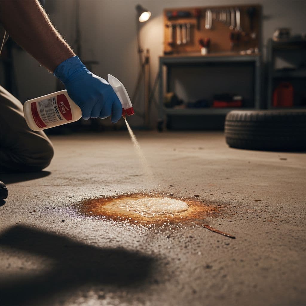 A gloved hand pours a clear liquid cleaner directly onto a persistent orange rust patch on grey concrete. The surrounding floor shows realistic worn textures under intense, cinematic garage lighting.