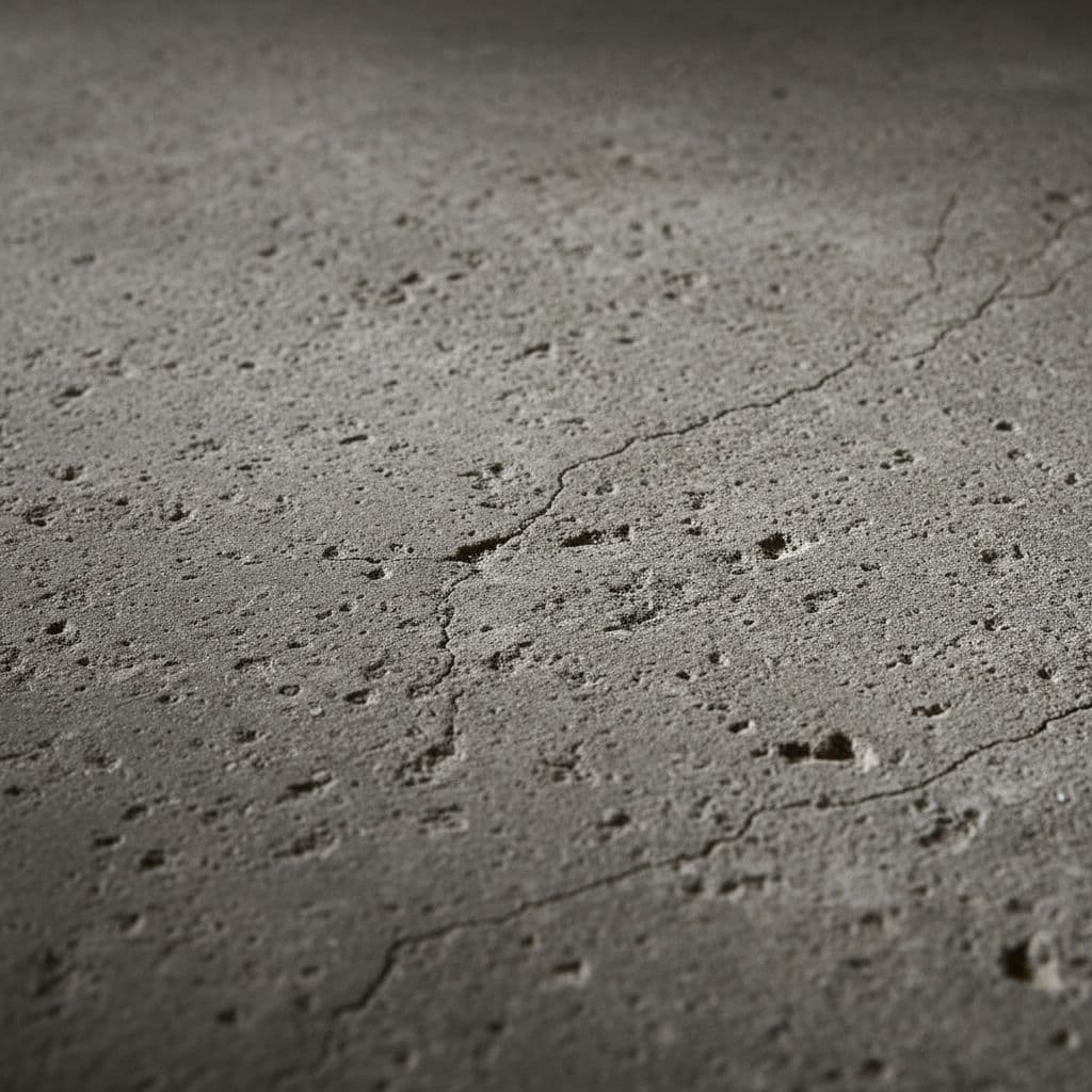 A close-up view of a weathered concrete floor features deep cracks and microscopic white dust particles settled within the pores. Dramatic lighting highlights the rough, textured surface with sharp shadows.