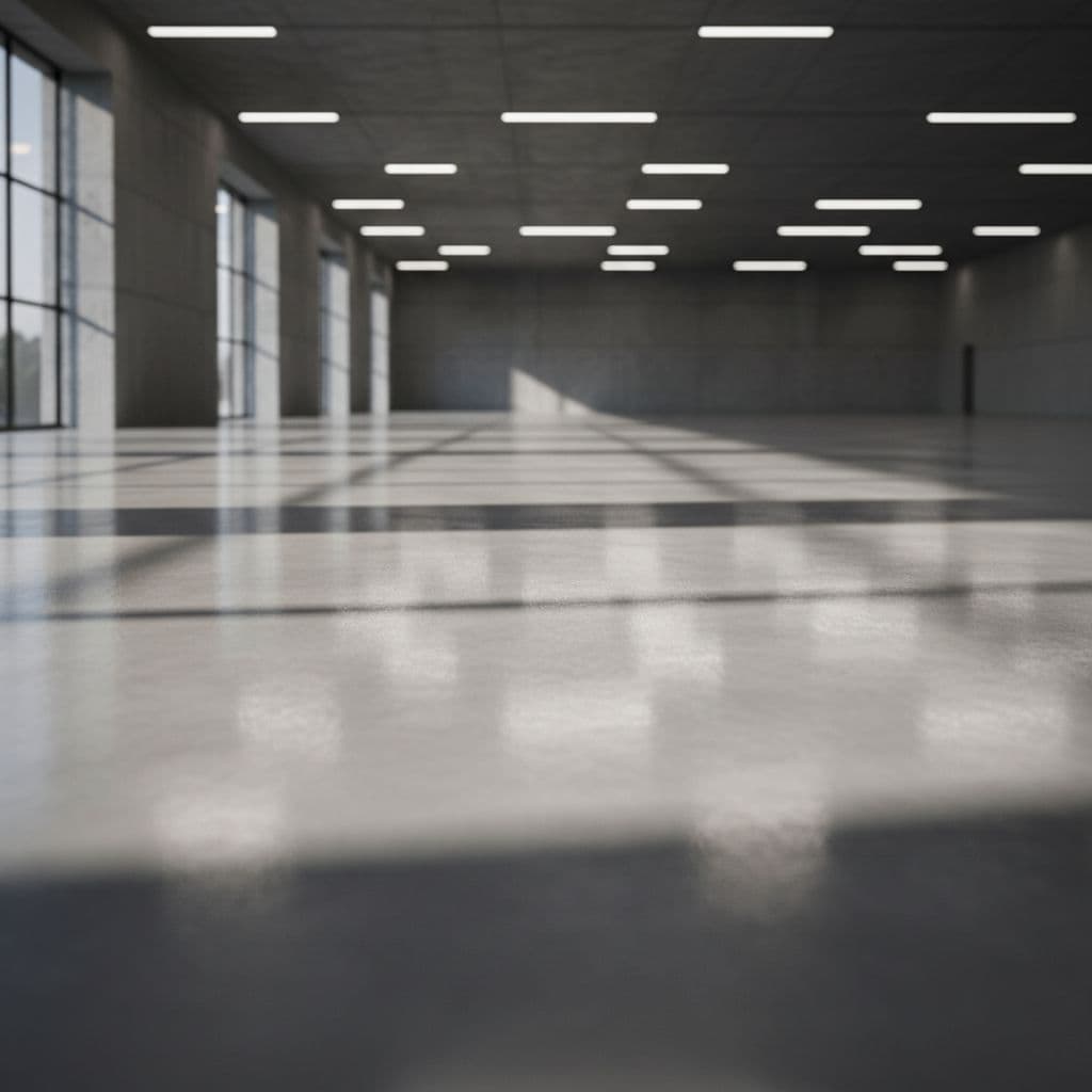 A pristine industrial floor made of polished concrete features subtle reflections from overhead lights. The smooth, grey surface stretches across the expansive empty room with high-contrast shadows defining the clean space.