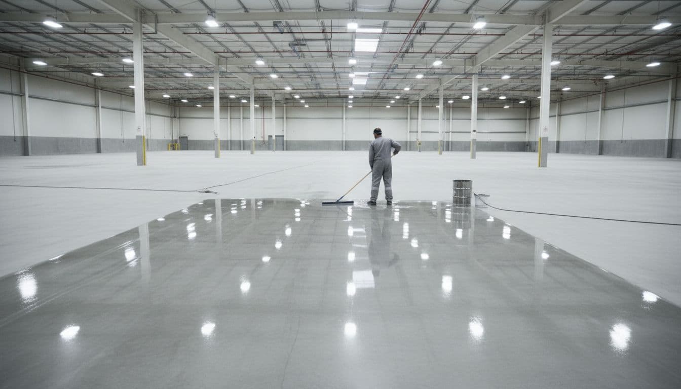 A technician carefully applies a smooth, glossy protective sealant to a vast commercial concrete surface. Sharp overhead lighting creates brilliant highlights across the wet, reflective floor within this clean warehouse space.