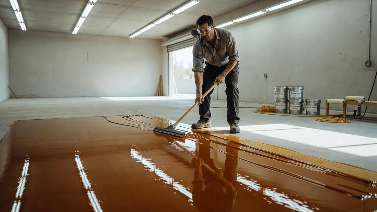 A technician spreads a thick layer of glossy resin across a prepared concrete garage floor. The wet surface creates mirror-like reflections of the overhead lighting while highlighting the smooth texture.