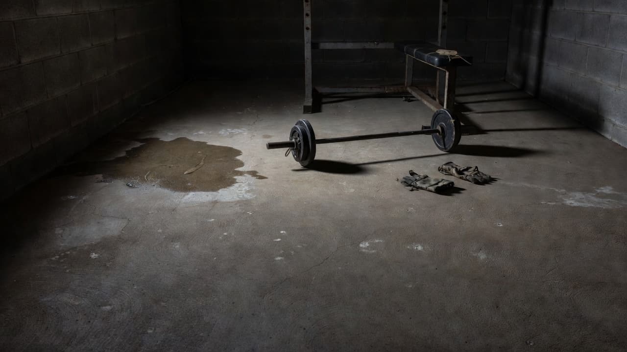 A dark concrete basement floor displays a visible damp patch spreading near the foundation wall. Shadows stretch across the textured surface, highlighting the contrast between the dry areas and wet concrete.