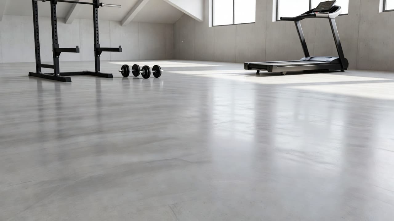 A spacious home gym features polished light grey concrete floors that reflect soft natural light. Several workout benches and organized weight racks are placed symmetrically against the clean, minimalist white walls.