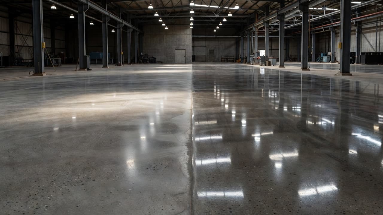 The image features a split-view composition showing concrete floor textures side by side. One side displays a soft matte sheen, while the opposing side reflects bright overhead lights with glossy clarity.