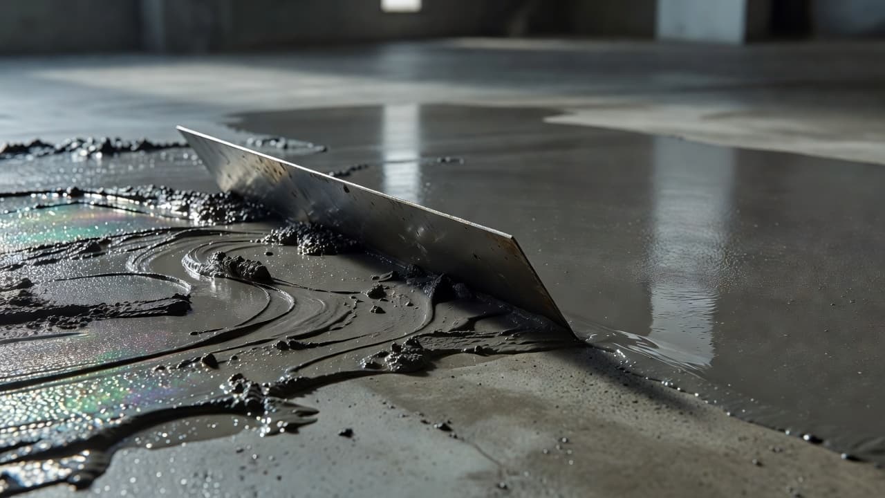 A close-up view displays a wet, high-gloss concrete coating being spread across a floor surface. Subtle light reflections highlight the smooth texture and consistent leveling of the protective polymer resin layer.