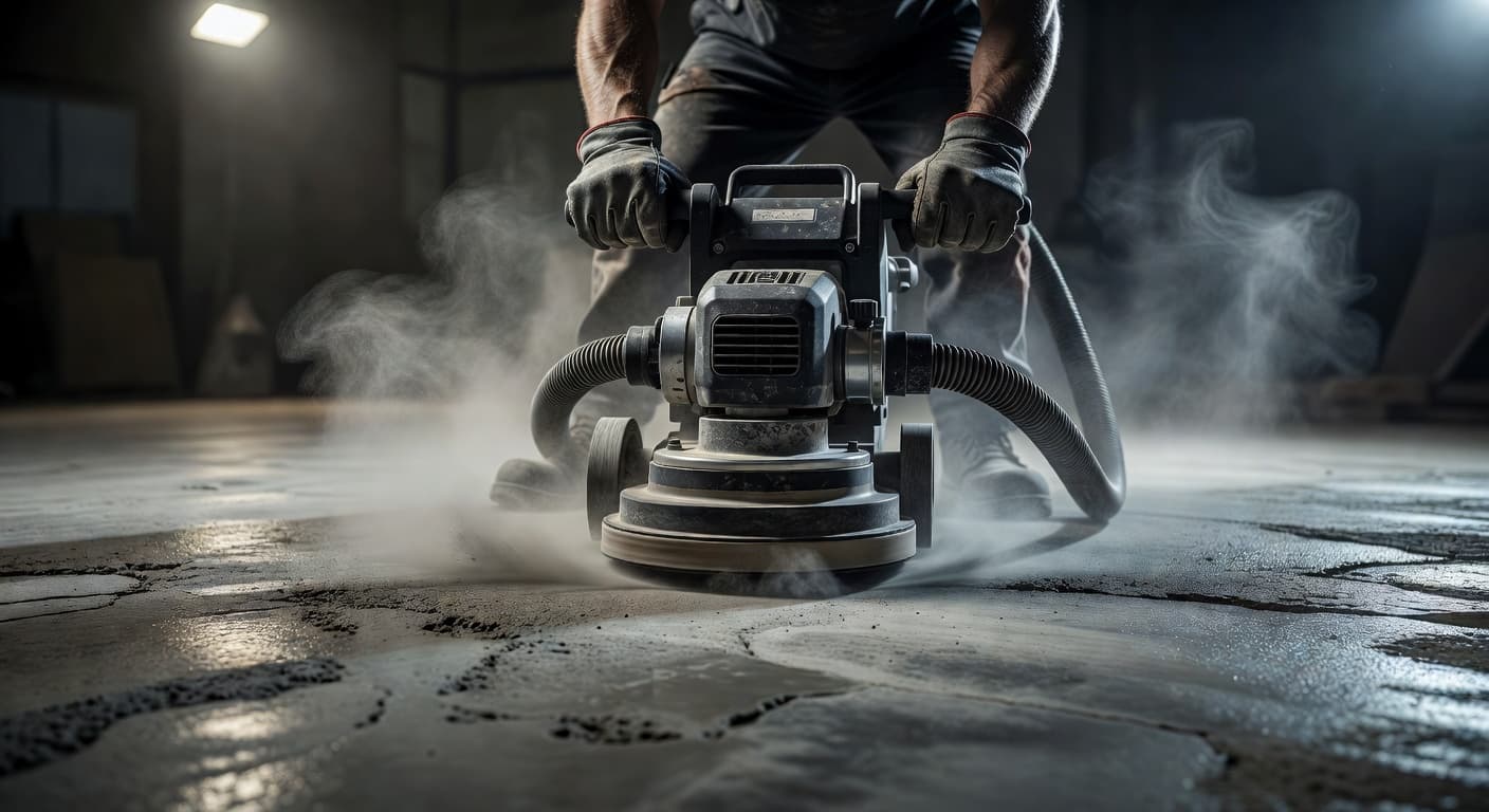 A close-up view captures hands operating a heavy-duty industrial floor grinder on a gray concrete surface. A connected vacuum hose actively removes dust, maintaining a clean workspace during the surface preparation.