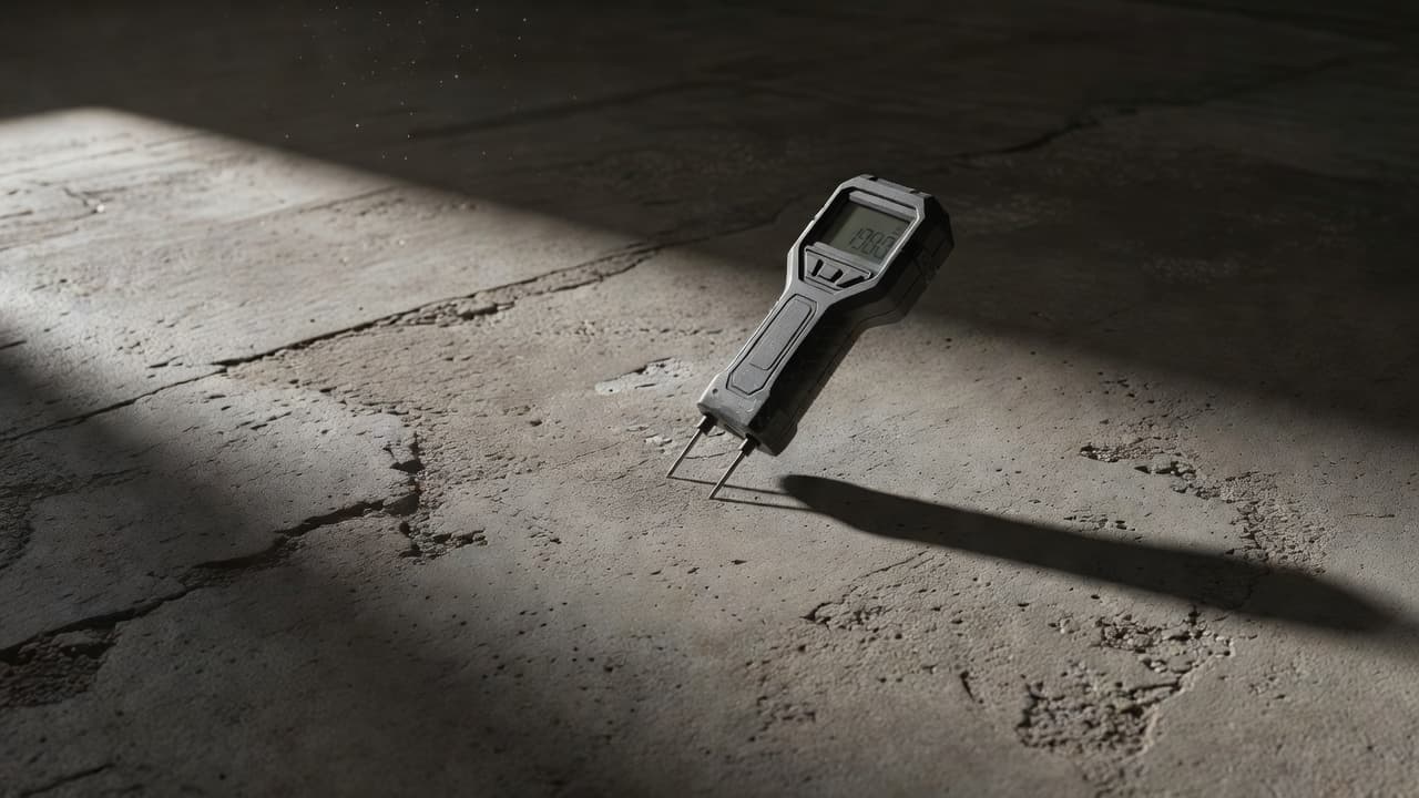 A professional digital moisture meter rests directly on a porous grey concrete slab. Strong directional light casts sharp shadows across the rough textured surface, highlighting the device's clear digital display readout.