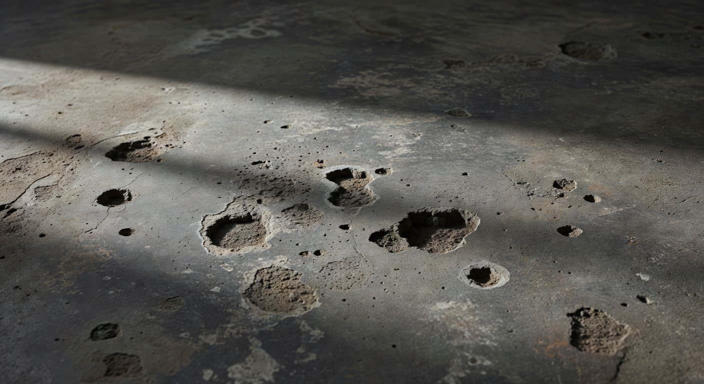 A close-up view of a worn concrete floor reveals numerous small pits and rough surface imperfections. Dramatic side lighting emphasizes the cratered texture and weathered detail of the gray slab.