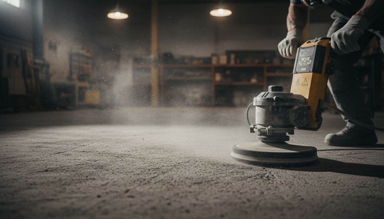 A heavy-duty industrial grinder smooths a dusty gray floor, creating a cloud of fine concrete particles. Strong overhead lighting casts sharp shadows, highlighting the abrasive texture of the unfinished floor surface.