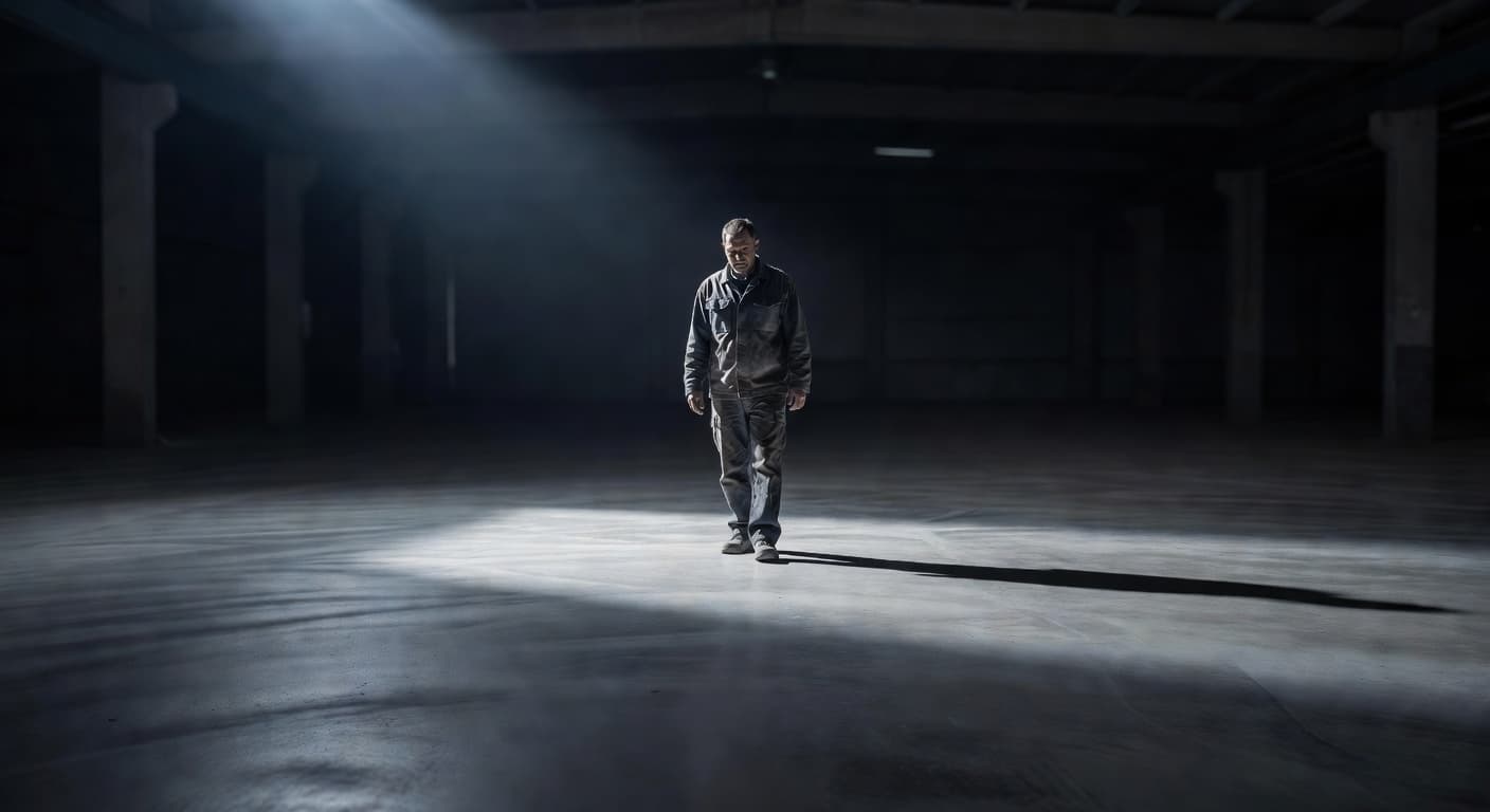 A worker stands on a smooth, industrial concrete floor in a dimly lit facility. The area is clean and prepared for coating, featuring dramatic lighting that highlights the surface texture.