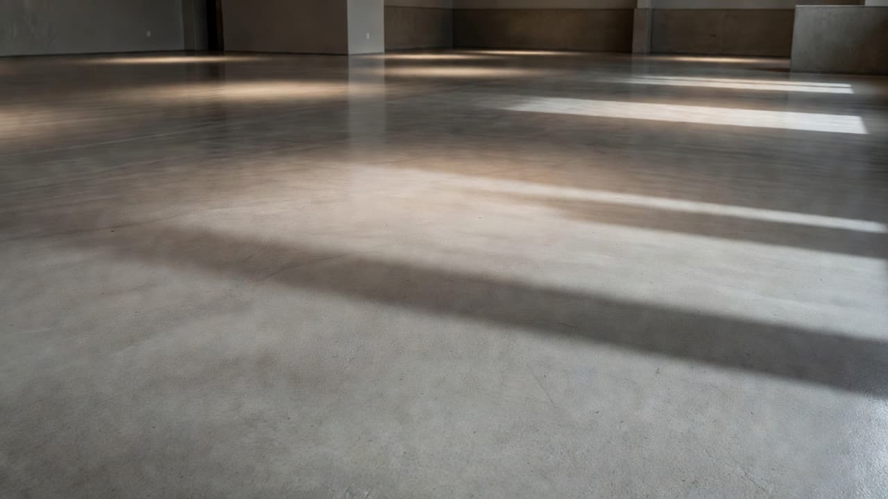 A polished grey concrete floor stretches across a spacious commercial facility with soft overhead lighting. The textured surface provides a slip-resistant finish suitable for professional pet care environments and heavy daily traffic.