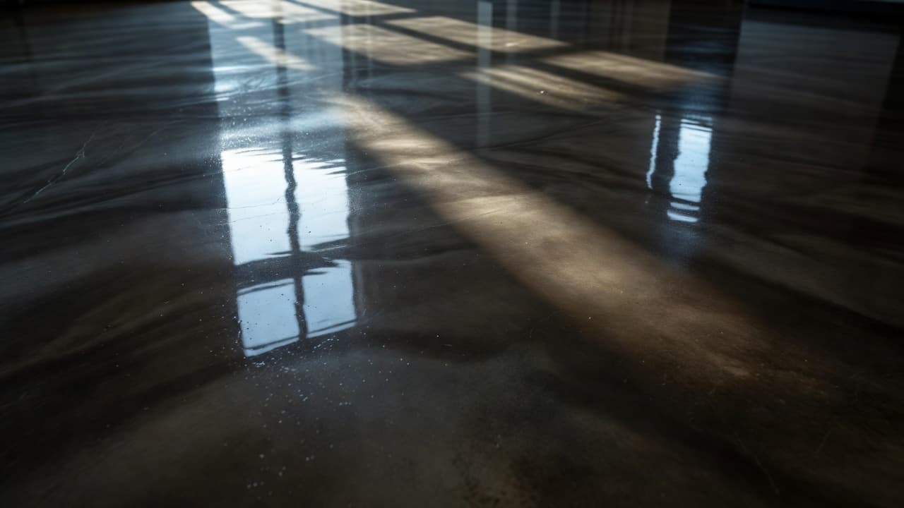 A close-up view of a high-gloss epoxy coating applied over textured concrete. The surface shows distinct light reflections and smooth resin depth, highlighting the protective seal of a professional salon floor.