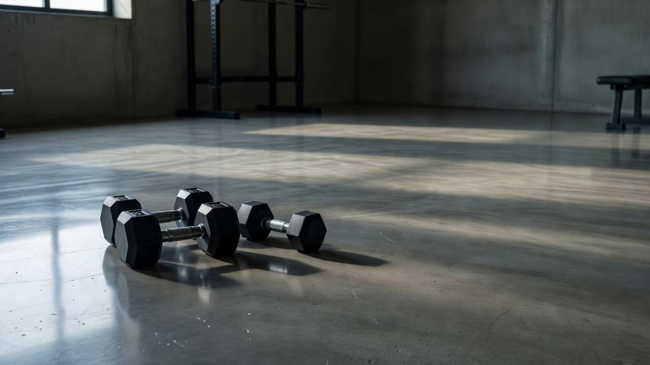 A set of iron dumbbells rests on a smooth polished concrete floor. Dramatic side lighting highlights the floor's texture and cool grey tones within this minimalist, high-contrast home workout space.