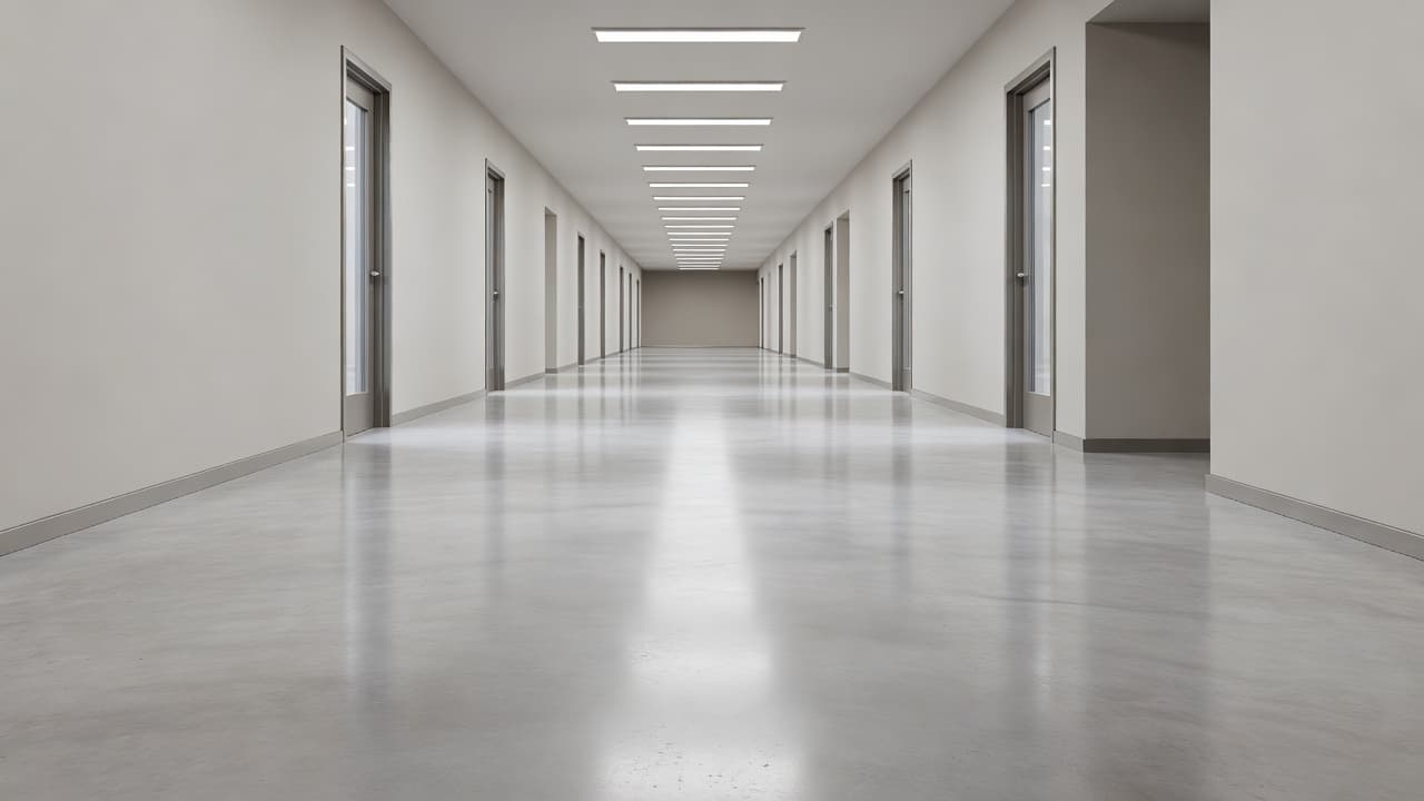 A long, empty school corridor features smooth light gray polished concrete floors that reflect the bright, cinematic overhead lighting. The clean architectural design creates a sense of depth and spaciousness.