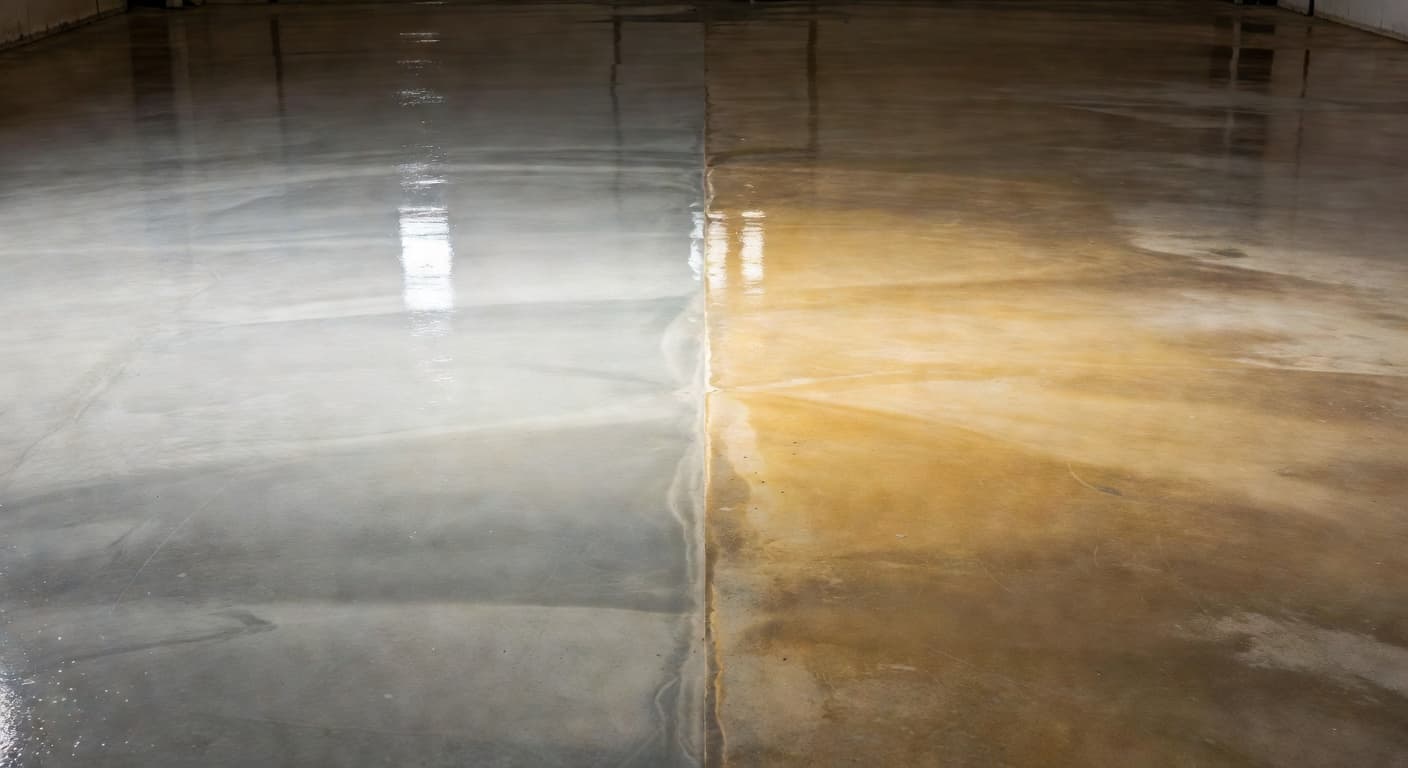 A split-view garage floor displays a crisp, clean white epoxy surface on the left next to an aged, amber-tinted coating on the right, highlighting the stark contrast caused by UV exposure.