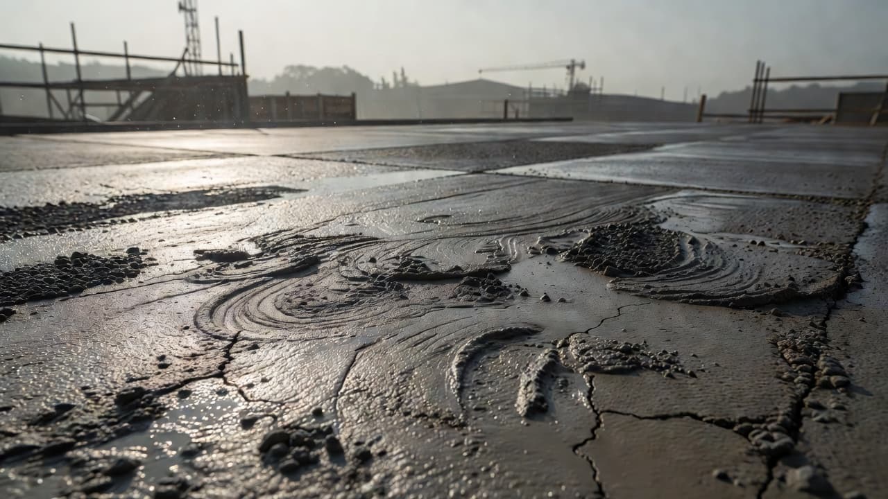 A close-up view shows a smooth, wet concrete surface reflecting light amidst a hazy, humid outdoor atmosphere. Dark, dramatic shadows stretch across the textured, damp ground during the setting process.
