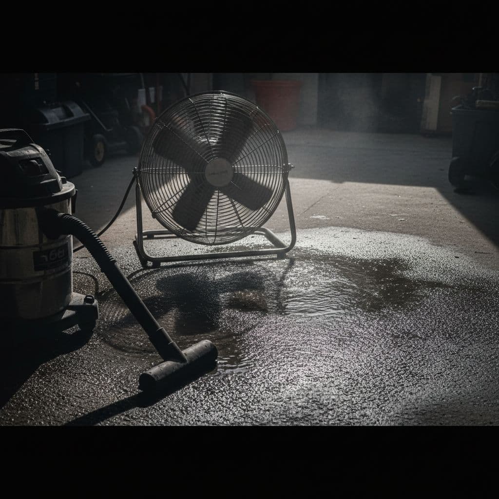 A heavy-duty shop vacuum and a massive industrial fan sit on a wet concrete garage floor. Dramatic shadows highlight the rough texture of the damp surface during remediation efforts.