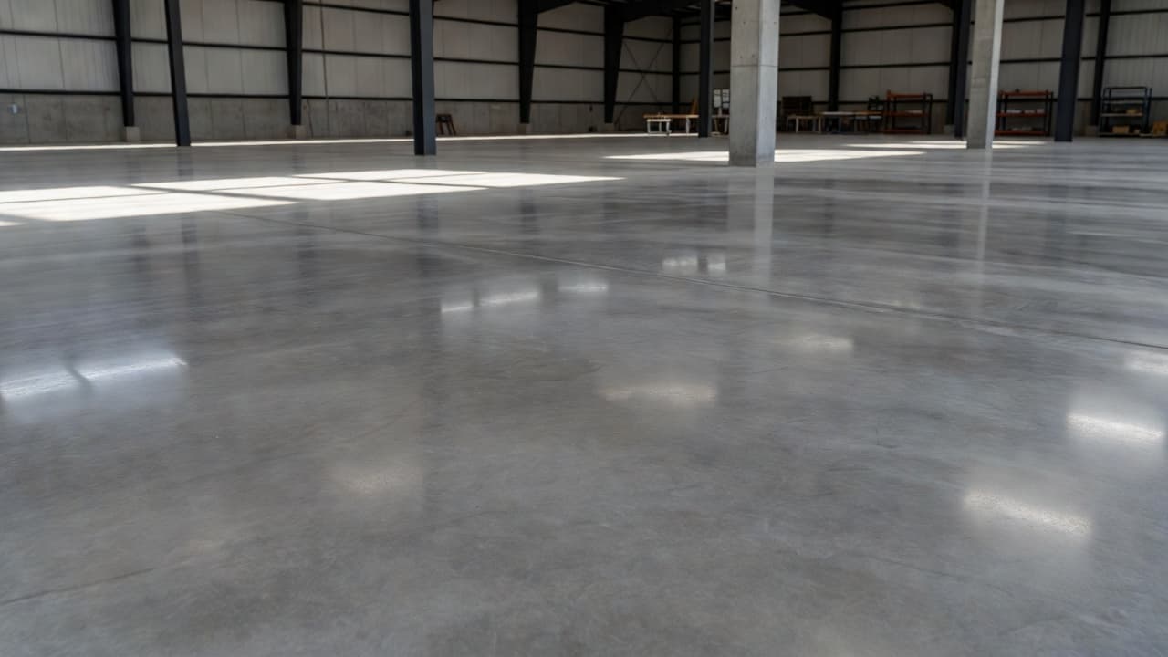 Sunlight streams across a smooth, semi-gloss concrete floor in an expansive industrial warehouse. The grey surface displays a clean finish with subtle texture, reflecting the natural light in an open space.