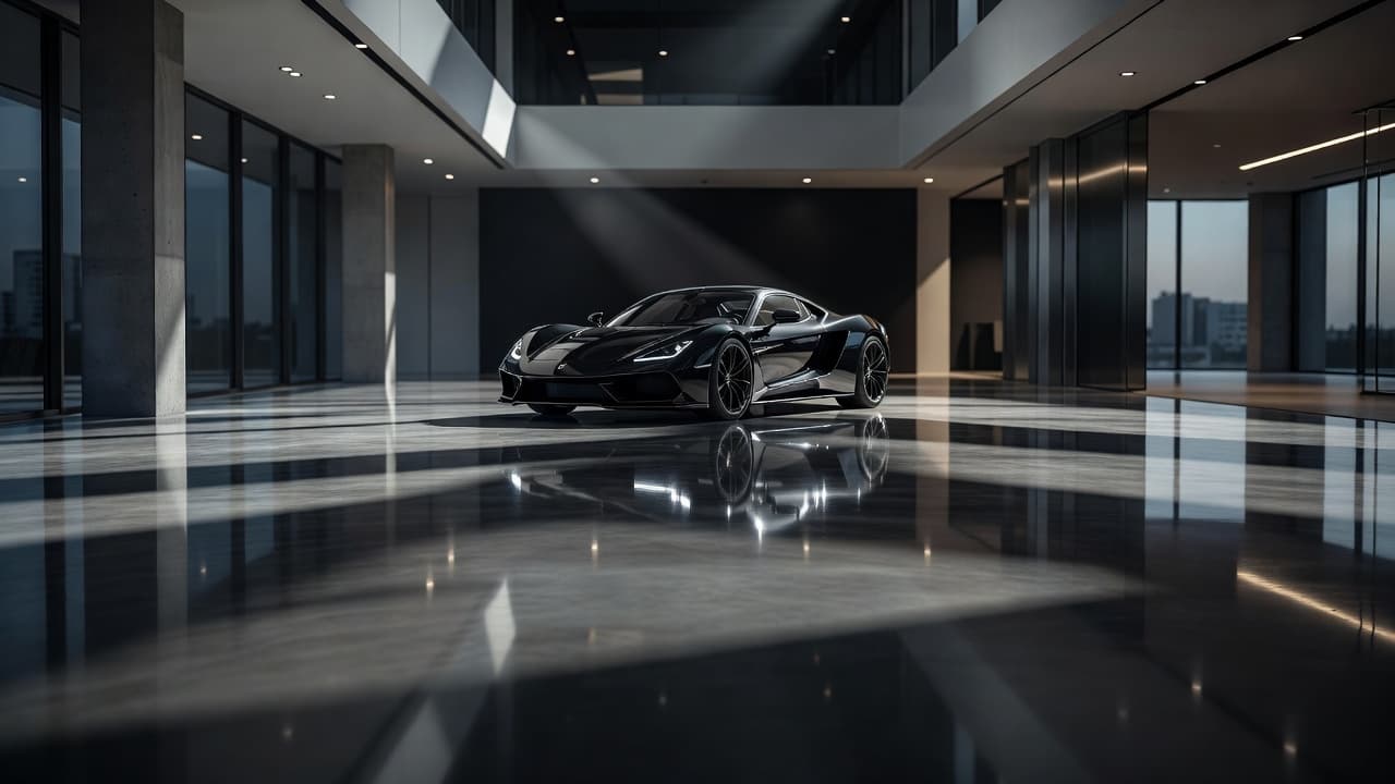 A sleek, high-end vehicle sits centered on a mirror-like polished concrete floor that reflects its silhouette. Recessed ceiling lights cast dramatic highlights throughout the minimalist architectural space to create intense depth.