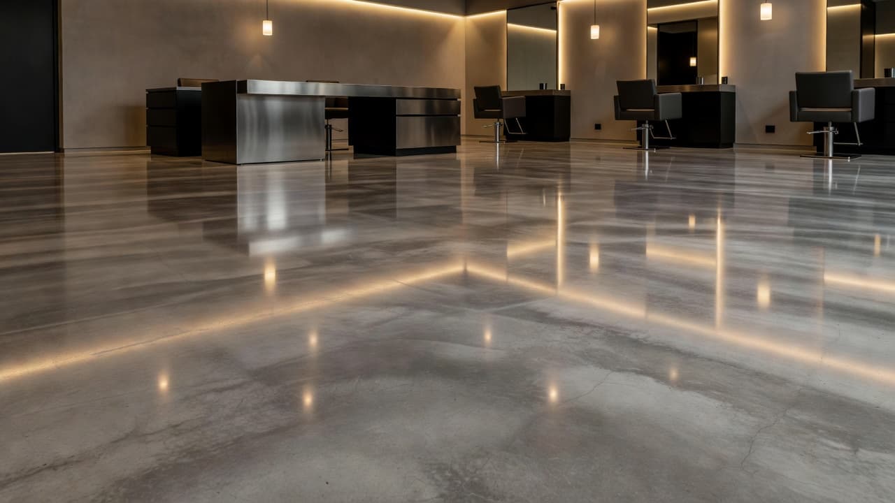 Polished concrete floors stretch across this minimalist salon space, reflecting the warm glow from recessed ceiling lights. The clean, neutral surfaces create a professional and durable foundation for high-end beauty services.