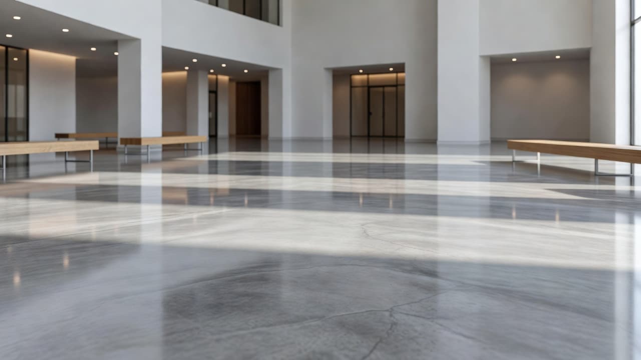 A spacious, minimalist lobby features highly polished concrete floors that mirror soft overhead light. The clean architectural lines and neutral color palette create a welcoming environment for visitors and congregants alike.