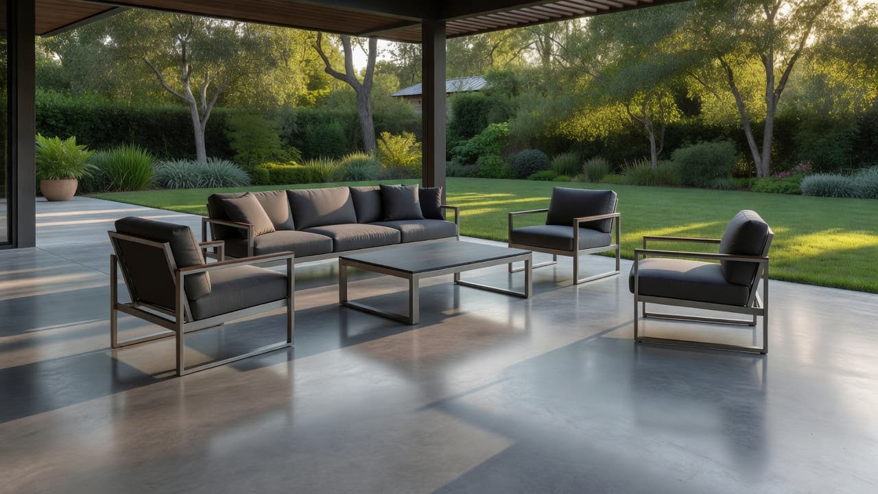 A sleek covered patio features polished concrete floors and plush luxury furniture arranged for relaxation. The space opens up to a serene backyard view illuminated by warm, ambient evening lighting.