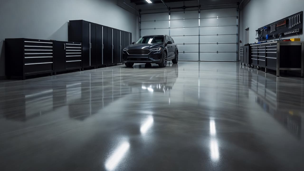 A pristine gray concrete garage floor glows under soft ambient light, showcasing a seamless, reflective surface. The vast, organized space remains completely clear of debris, emphasizing the high-quality protective floor finish.