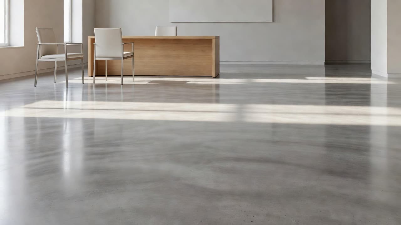 A minimalist medical office features sleek grey polished concrete floors that reflect soft ambient light. Clean white furniture is arranged precisely across the open space, emphasizing a sterile and professional atmosphere.
