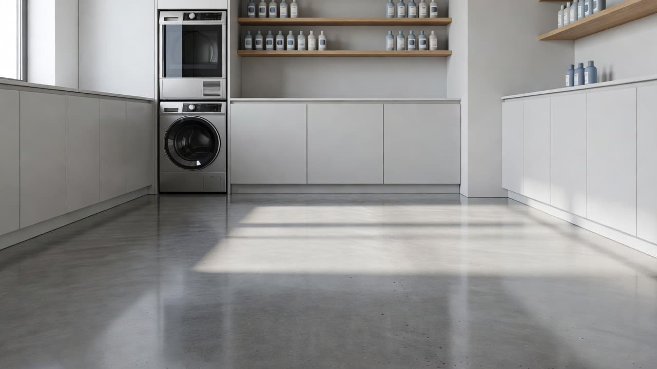 A polished gray concrete floor extends across a minimalist laundry space featuring neutral cabinets and soft morning sunlight. The sleek, durable surface reflects gentle light, creating a clean and orderly atmosphere.