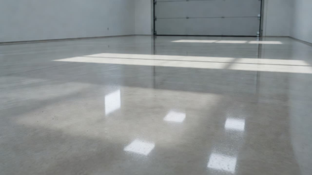The smooth, light-grey sealed concrete surface stretches across a clean, minimalist garage interior. Brilliant overhead lighting creates soft reflections on the durable floor finish, highlighting its seamless and polished appearance.
