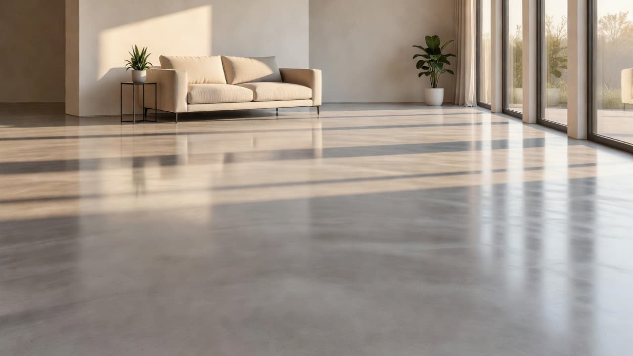 Bright morning light streams through floor-to-ceiling windows, highlighting the reflective, smooth finish of the polished concrete floor. Minimalist neutral furniture sits within the airy, open-concept space, emphasizing the clean aesthetic.