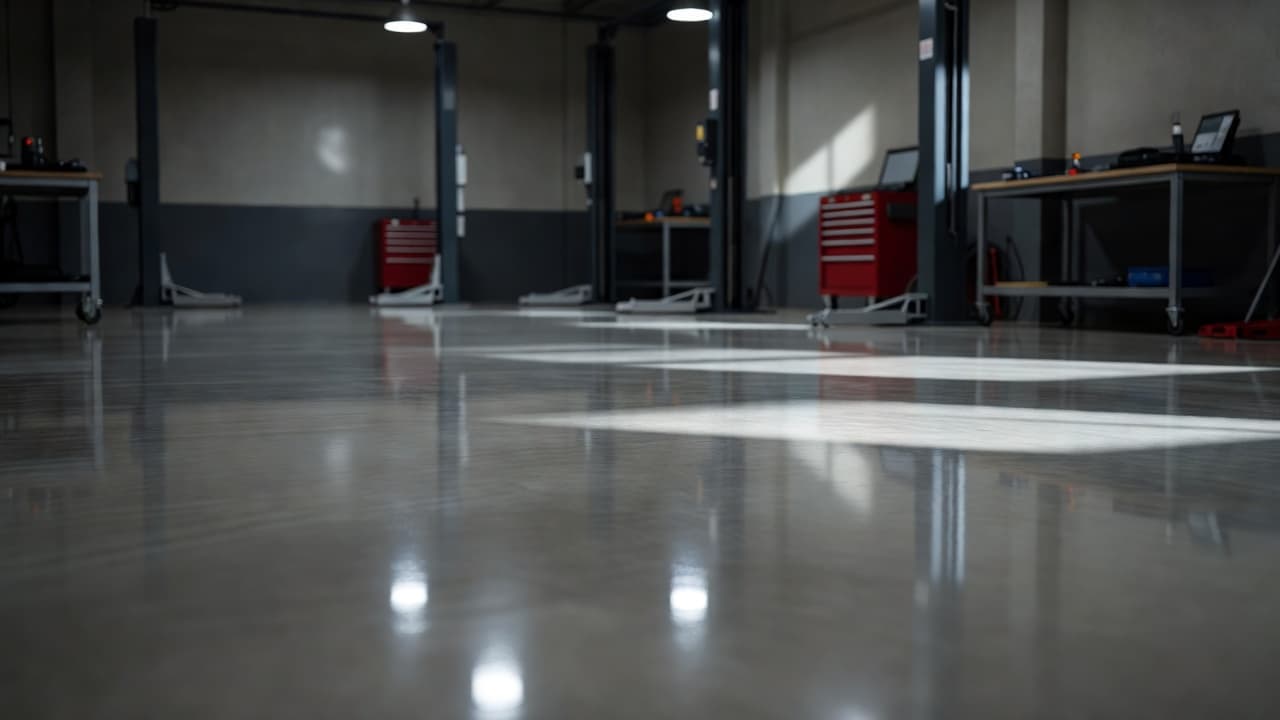 A pristine light gray concrete floor glows with a high-gloss finish in a professional garage. Industrial tools and equipment sit blurred in the background, emphasizing the reflective, smooth surface area.