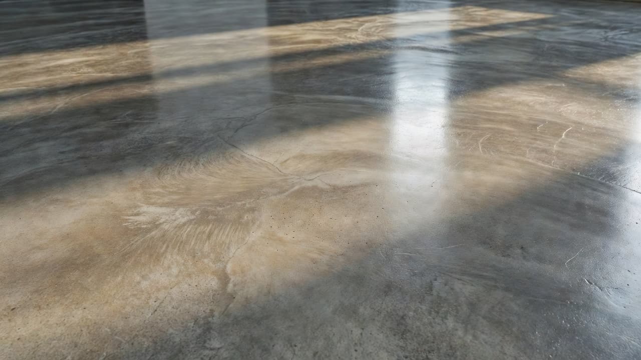 A close-up view of a grey concrete floor treated with a semi-gloss sealer. The surface reveals intricate mineral patterns and fine aggregate textures highlighted by sharp, high-contrast directional studio lighting.