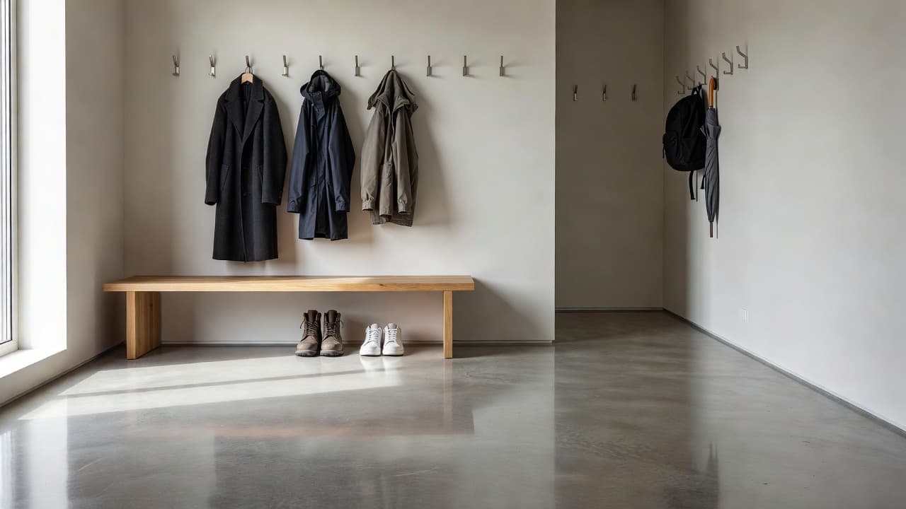 A minimalist entryway features smooth polished concrete floors reflecting bright daylight. A sleek wooden bench sits below metal wall hooks, creating an organized and functional space for storing outdoor gear items.