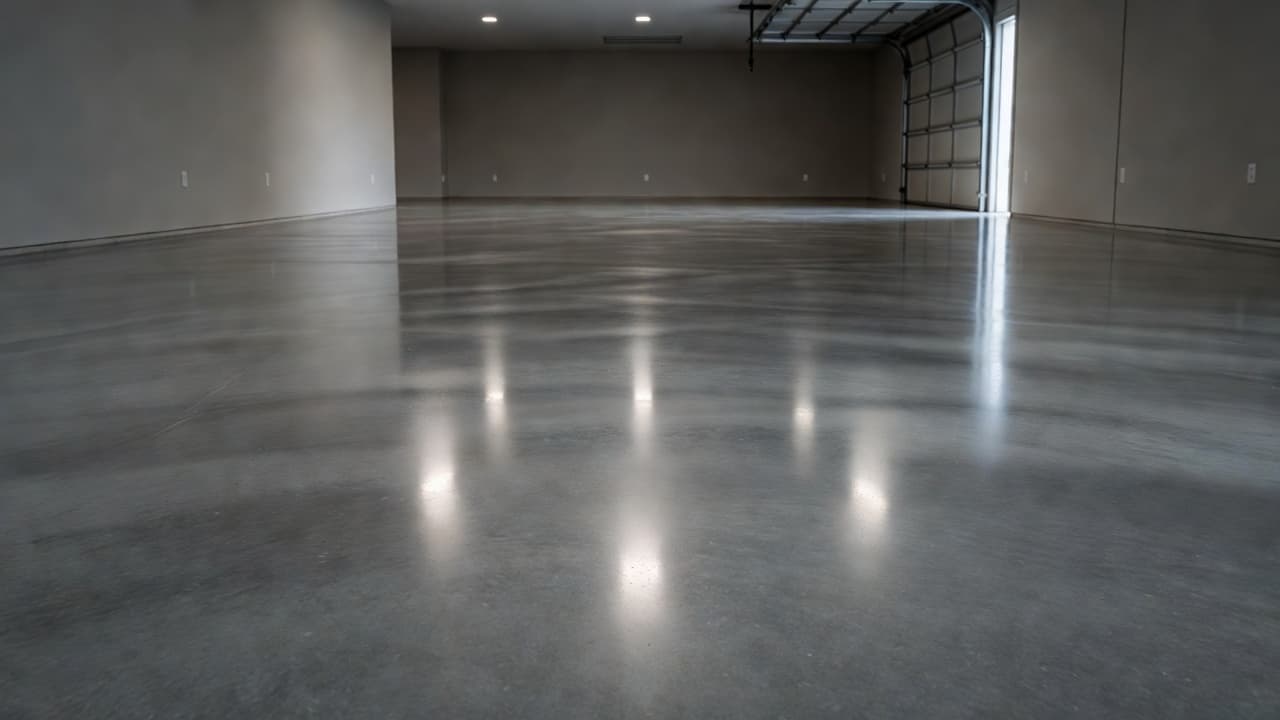 A pristine smooth gray concrete surface stretches across a wide garage interior. The high-contrast cinematic lighting highlights the glossy finish and seamless texture of the immaculate, dust-free industrial flooring space.