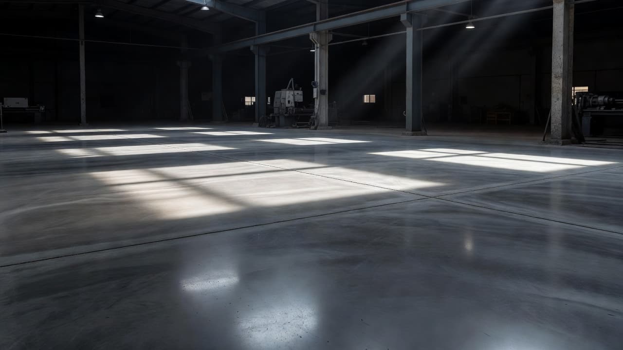 A seamless expanse of smooth gray concrete extends across an industrial workshop floor. Sharp directional lighting creates dramatic shadows and highlights, emphasizing the pristine, reflective texture of the durable material surface.