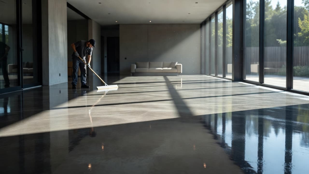 A pristine sunroom floor features a high-gloss finish that reflects overhead light with glass-like clarity. The smooth surface highlights the durable, professional-grade coating applied to the clean contemporary concrete base.