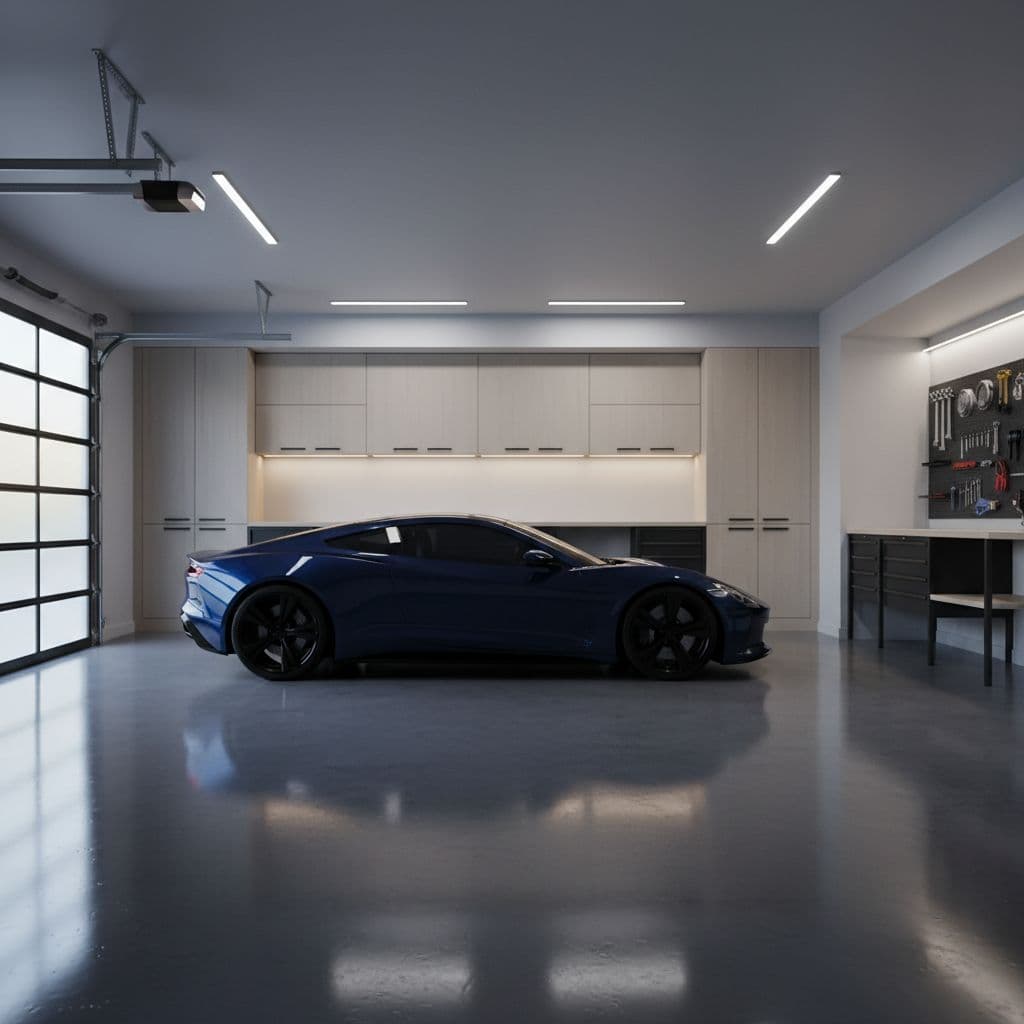 A luxury sedan sits centrally on a flawless, dark grey epoxy floor within an immaculate garage. The high-gloss surface reflects overhead lighting perfectly, demonstrating a professional-grade, durable protective coating application.
