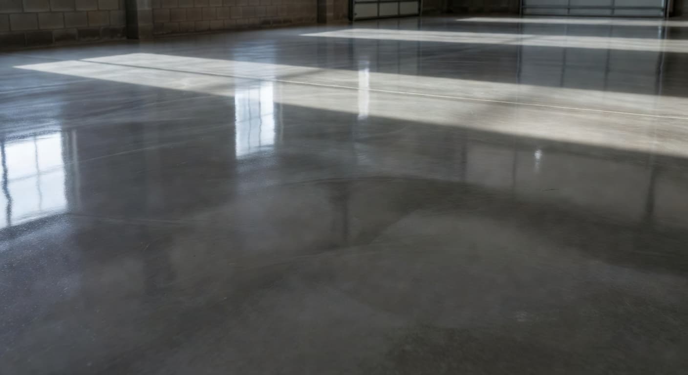 A smooth gray concrete surface displays a seamless, mirror-like glossy finish. Soft ambient light reflects off the even texture, highlighting the professional quality of the durable newly applied protective floor coating.