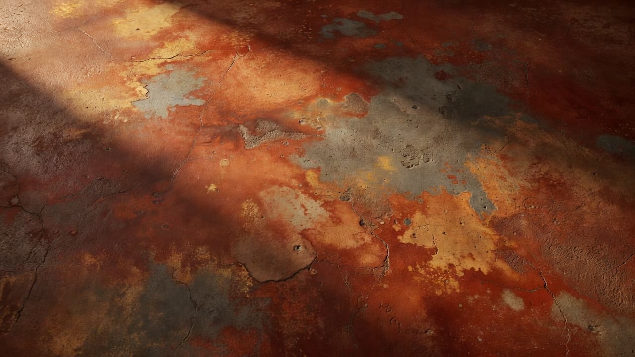 A close-up view displays a mottled concrete floor featuring rich, earthy brown and charcoal tones. Dramatic lighting highlights the textured surface and unique color variations within the cured, polished cement.