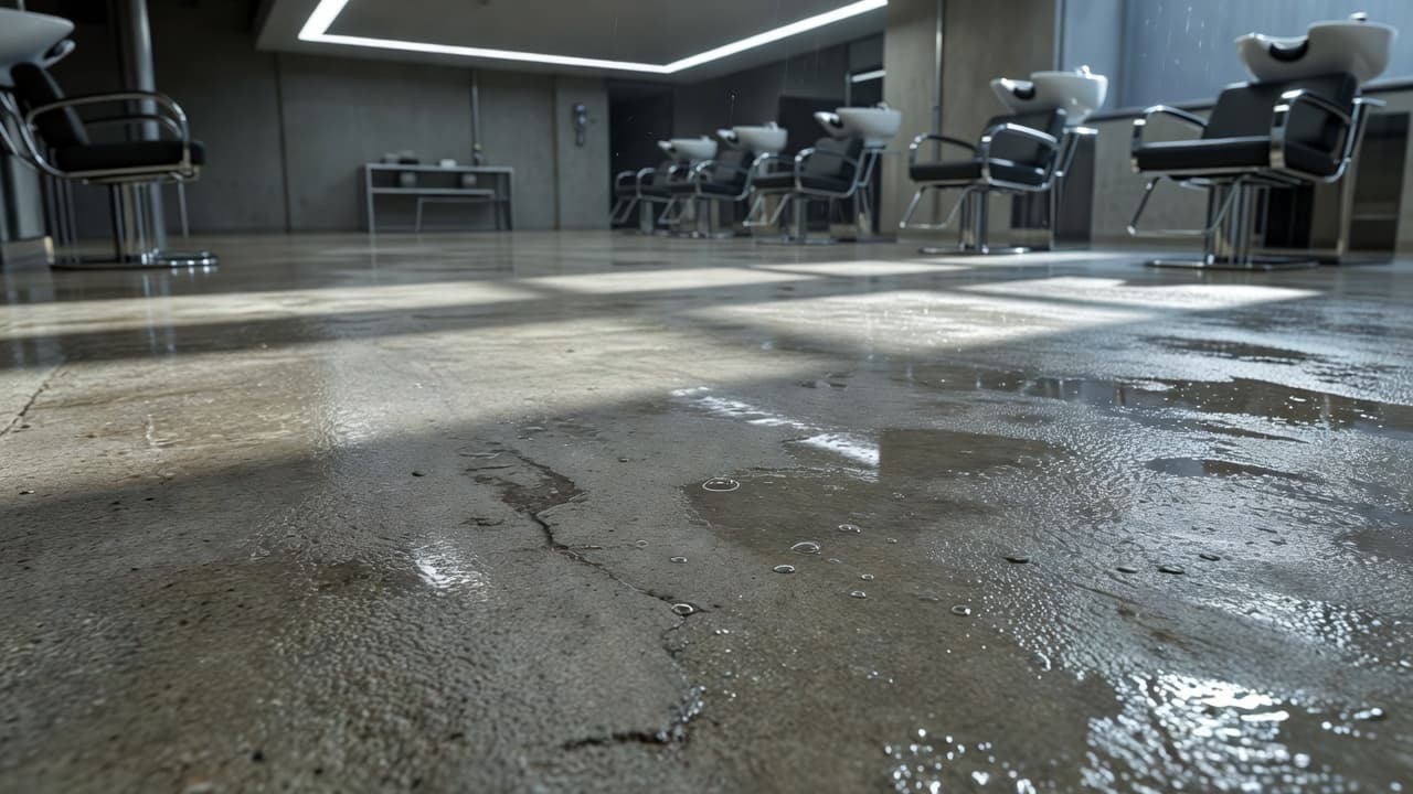 A close-up view of a grey concrete floor inside a salon shampoo station. The surface shows a granular anti-slip texture under bright lights, highlighting the safety features of the material.