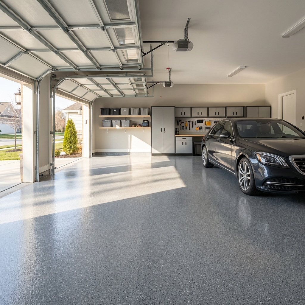 A wide shot of a clean, glossy gray epoxy-coated garage floor with a parked car nearby, morning light streaming through the o