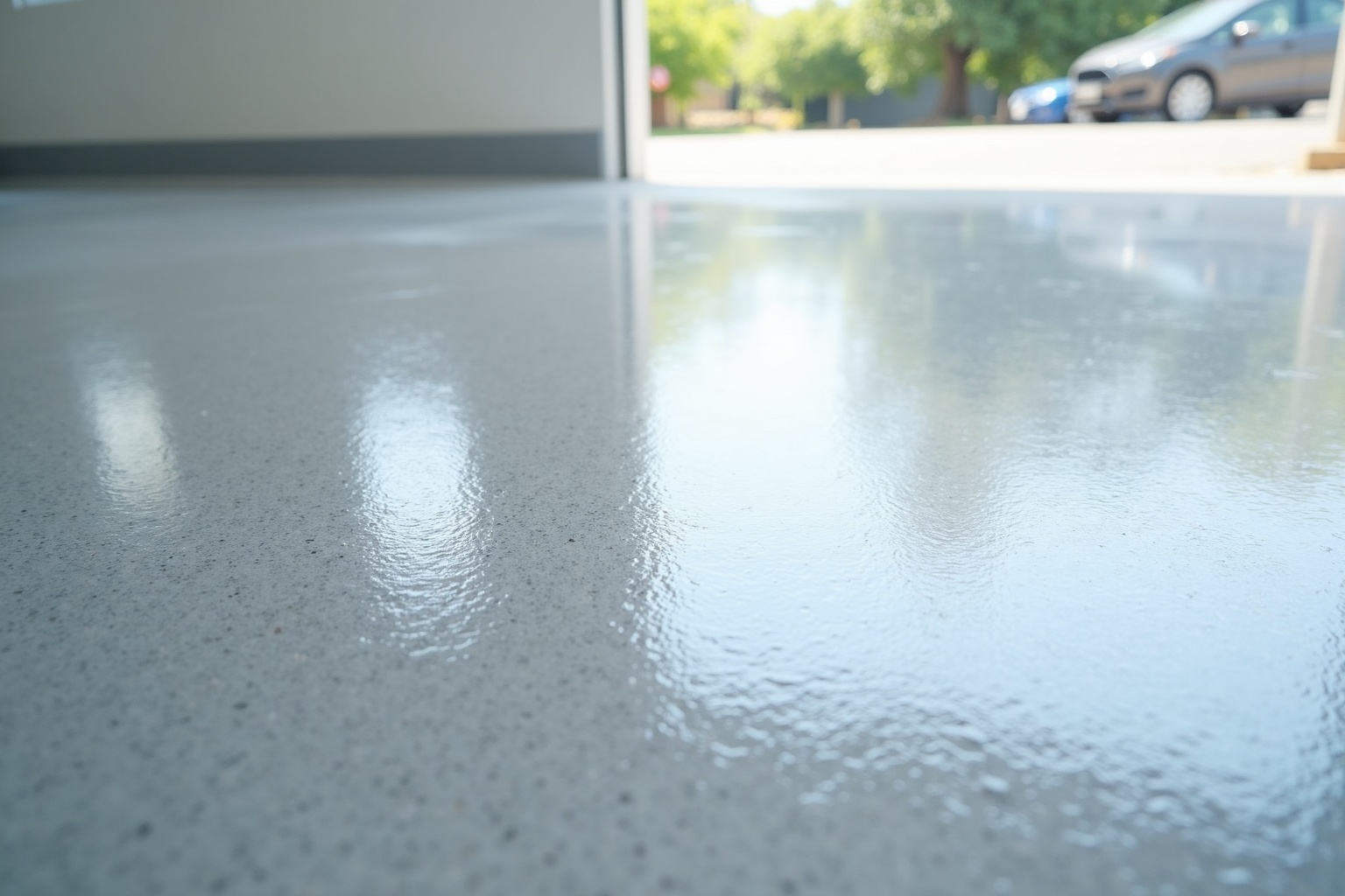 A close-up view displays a wet, high-gloss concrete coating being spread across a floor surface. Subtle light reflections highlight the smooth texture and consistent leveling of the protective polymer resin layer.