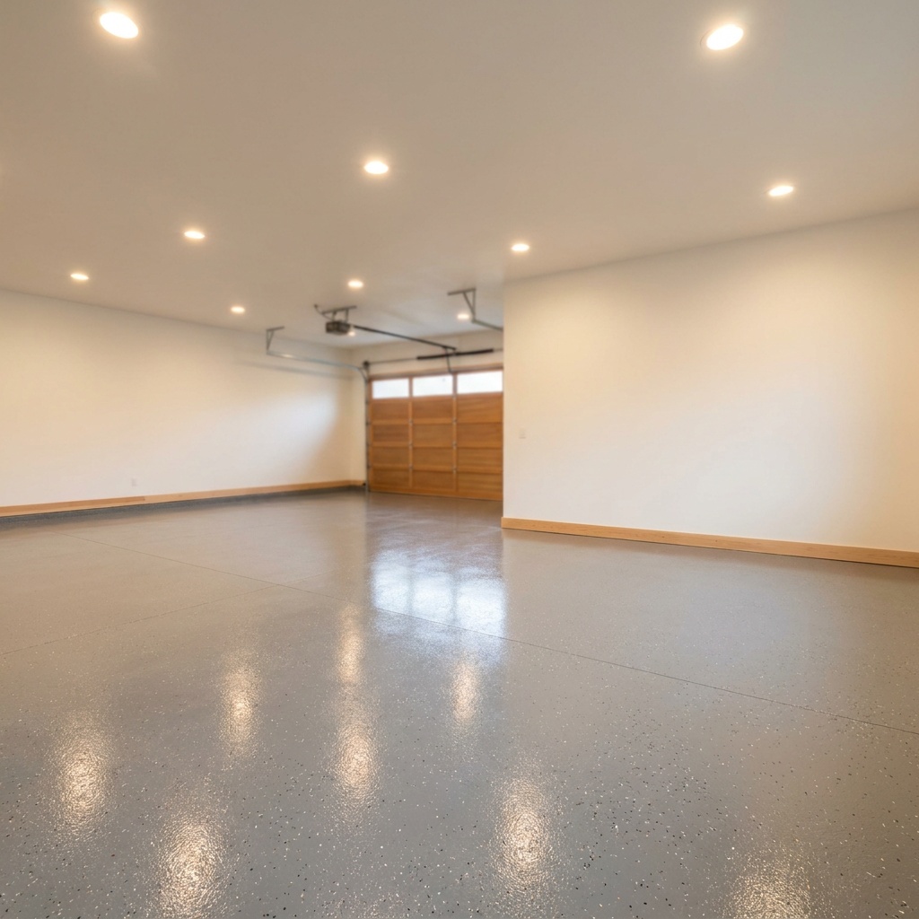 Freshly finished two-car garage floor with a smooth gray epoxy flake coating