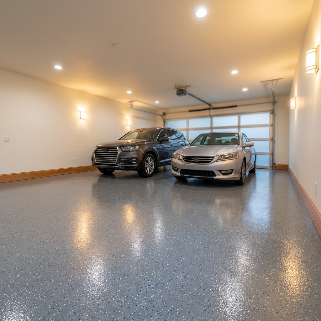Two cars parked on a finished gray epoxy flake garage floor coating