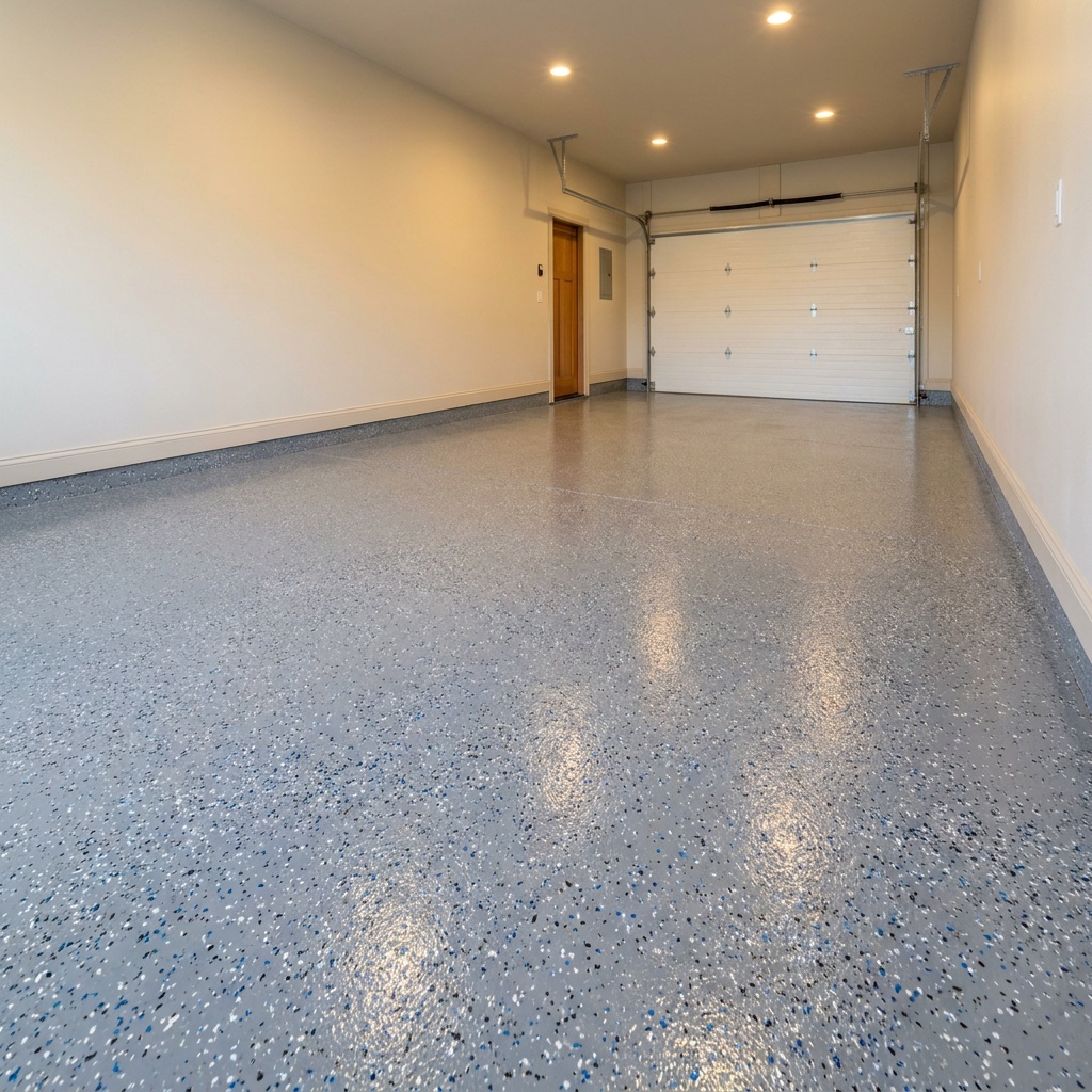 Epoxy flake garage floor coating with multicolor flake broadcast