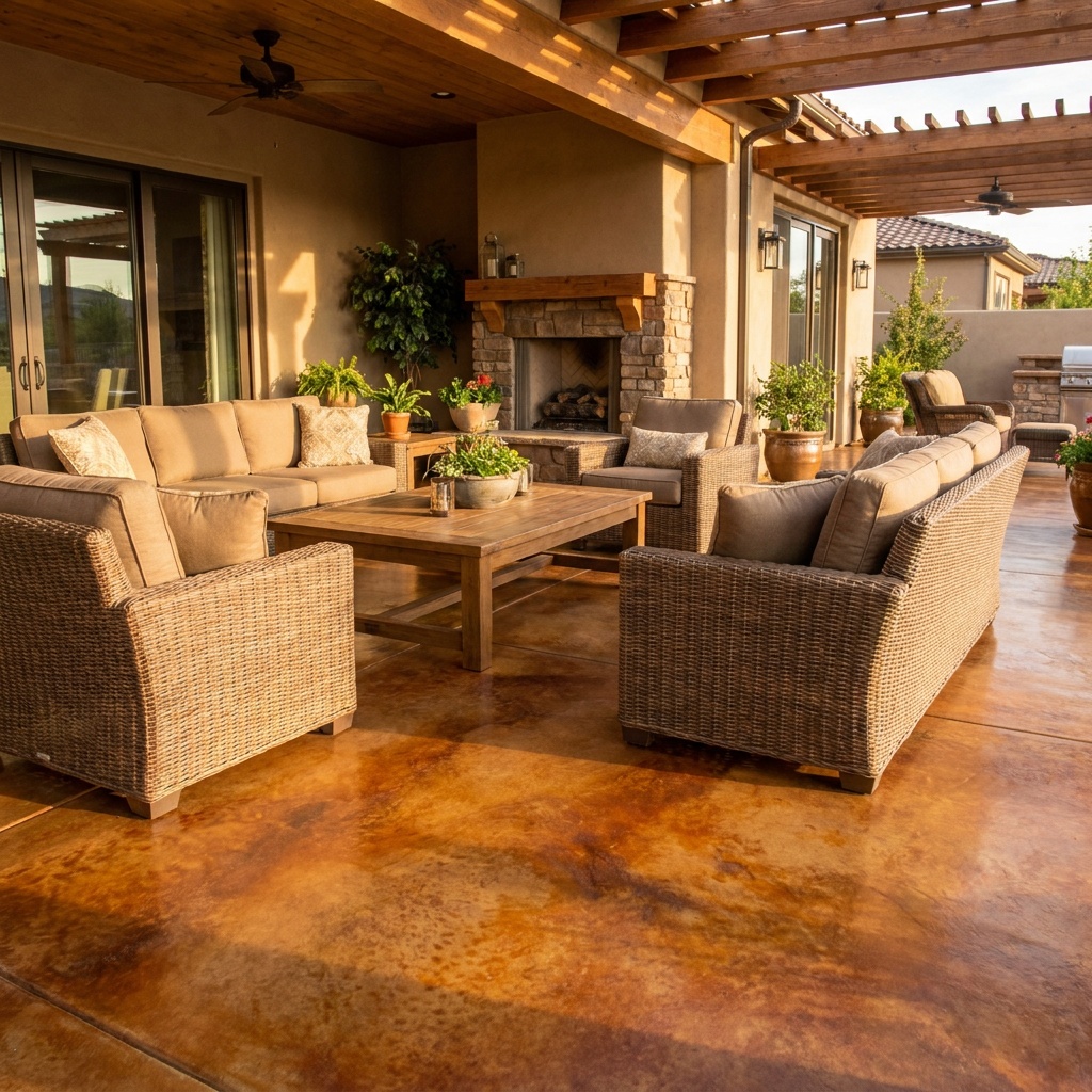 Stained concrete covered patio floor in warm terracotta and brown tones