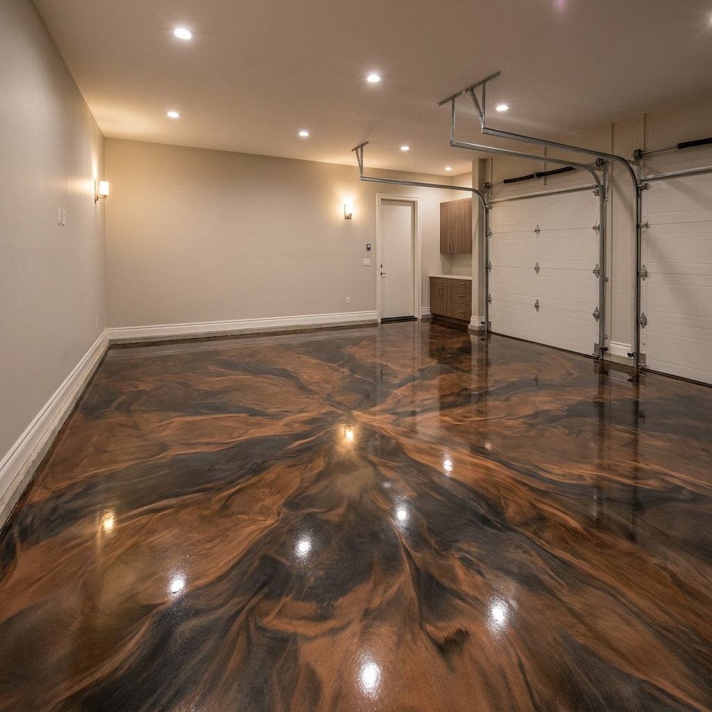 Metallic flake epoxy garage floor coating with marbled bronze and charcoal tones