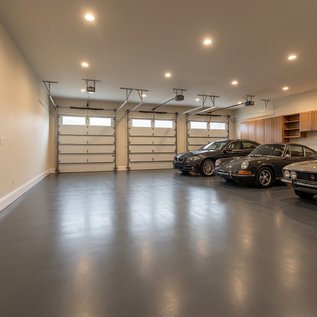 Polyaspartic-coated three-car showroom garage floor