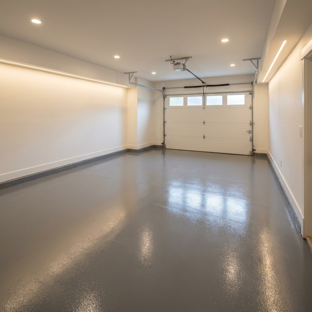 Freshly finished garage floor after a full failed-coating removal and epoxy recoat
